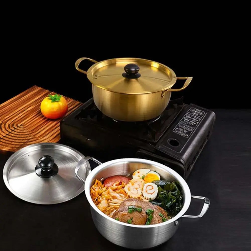 Multifunctional Korean Ramen Pot Double Handle Stainless Steel Noodle Cooker with Lid Unbreakable Soup Pot Camping