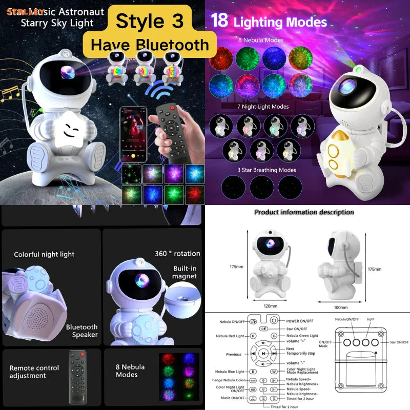 Astronaut LED Night Light Galaxy Star Projector Bluetooth Speaker Remote Control Timer 360° Adjustable Angle for Bedroom Decor