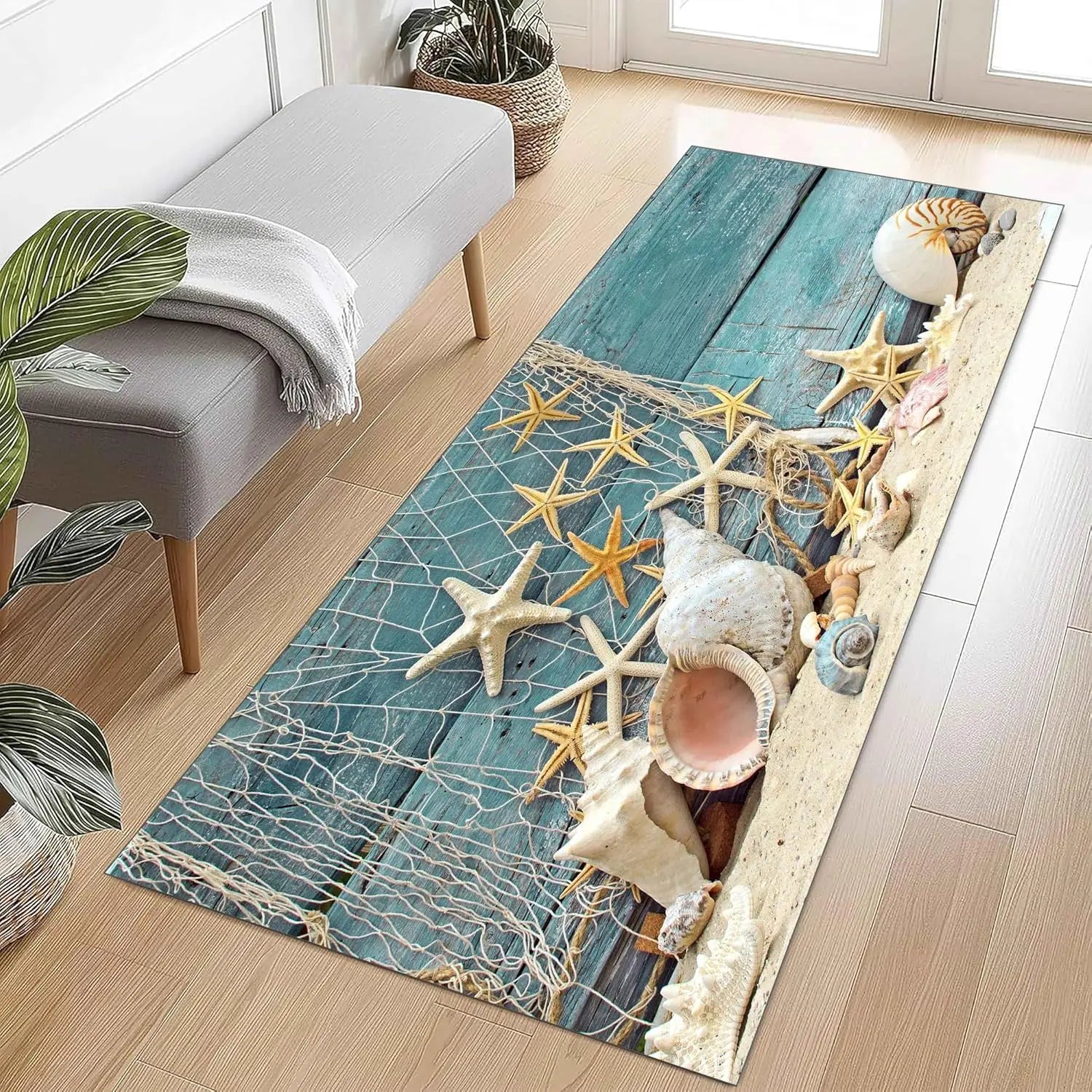 Summer Ocean Beach Themed Kitchen Mat Home Decor Sea Shell Sailboat Print Floor Mat Living Room Bath Entrance Non-slip Door Mat