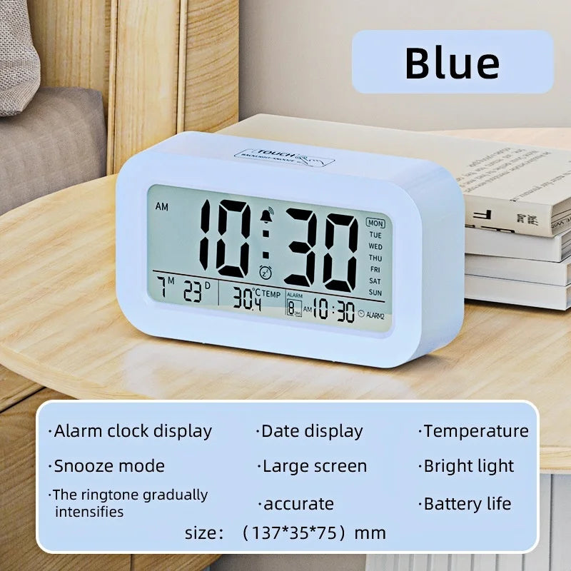Battery Powered LCD Alarm Clock TEMP Date Week 3 Alarms Backlight Snooze Table  Clock Night Vision Function12/24H Digital Clock