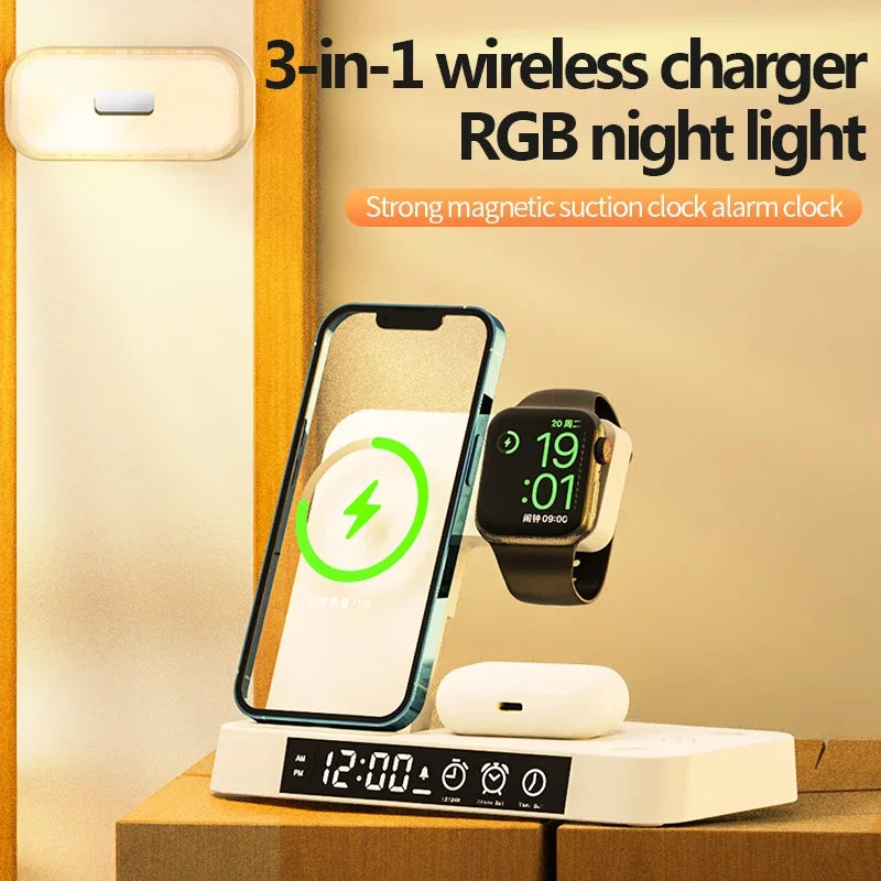 3 In 1 Wireless Charger 30W Stand Pad Alarm Clock Night Light Fast Charging Station Dock For iPhone Watch IWatch