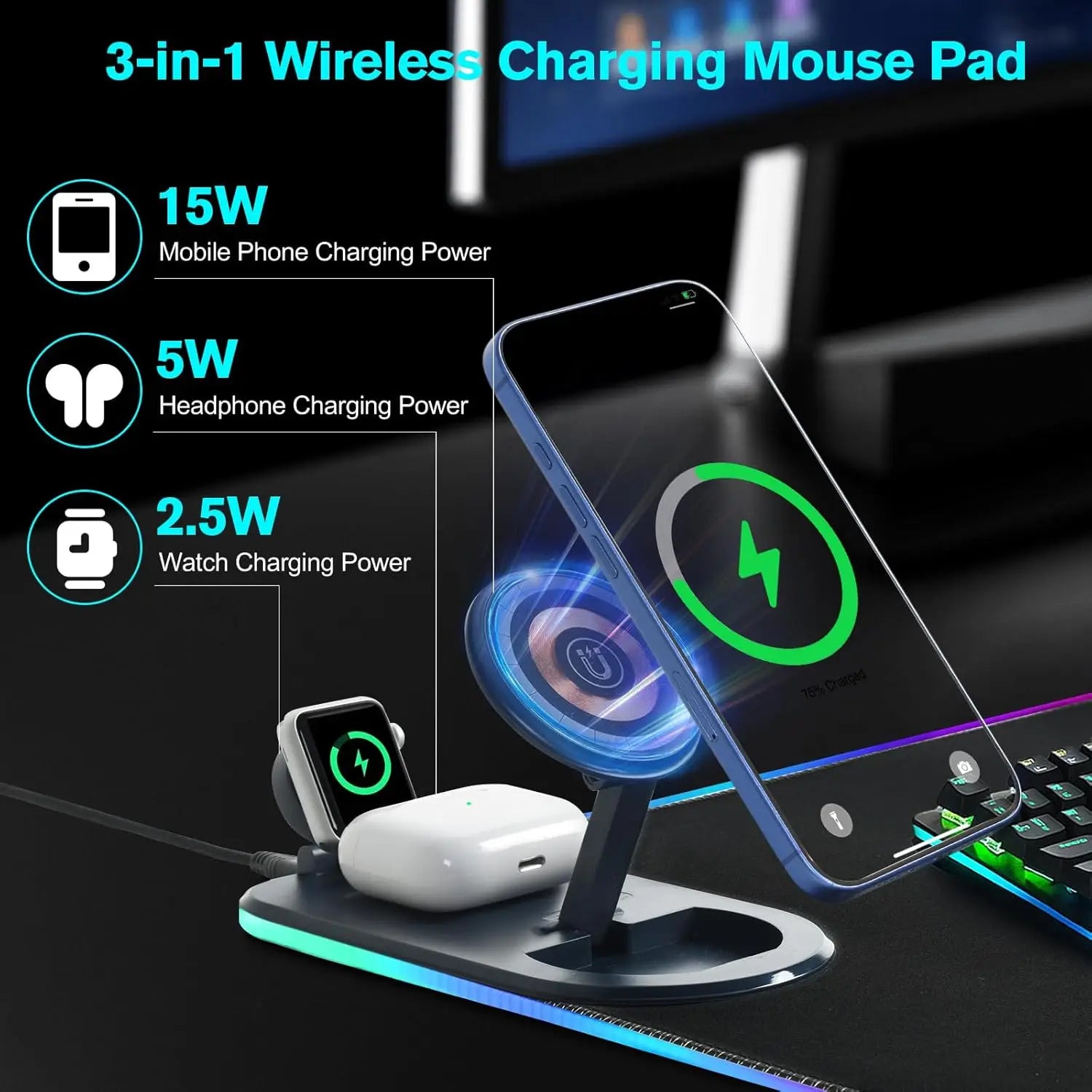 3-in-1 Wireless Charging Desk Mat RGB Gaming Mouse Pad Large Waterproof Ultra Smooth Desktop Pad with Phone Holder for Office