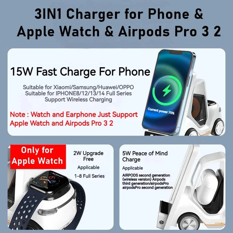 3 in 1 Forklift Design Wireless Charger Station 15W Fast Charging For iPhone Apple Watch Earphones Night Light Charging Station