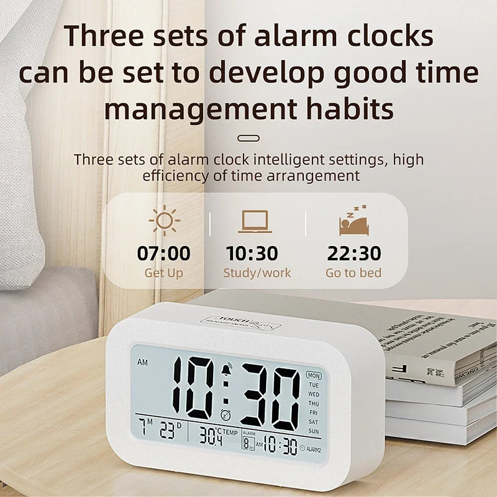 Battery Powered LCD Alarm Clock TEMP Date Week 3 Alarms Backlight Snooze Table  Clock Night Vision Function12/24H Digital Clock