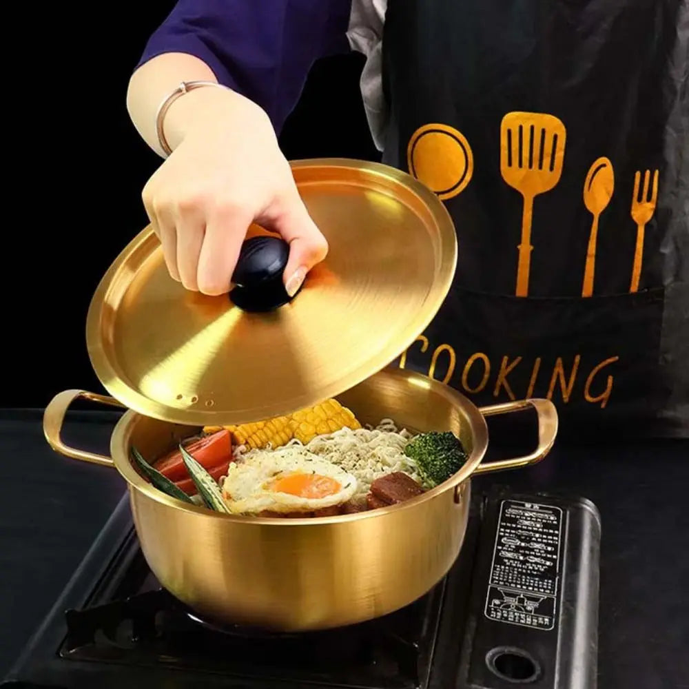 Multifunctional Korean Ramen Pot Double Handle Stainless Steel Noodle Cooker with Lid Unbreakable Soup Pot Camping