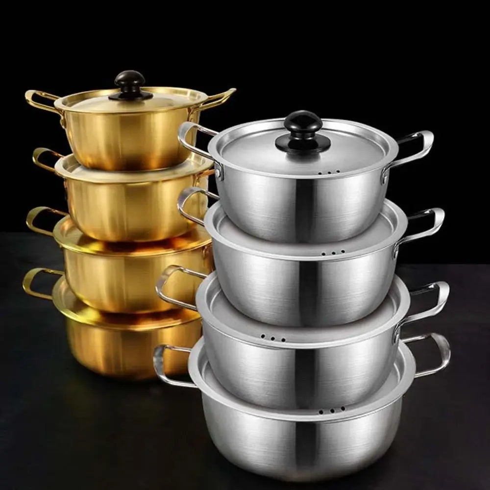 Multifunctional Korean Ramen Pot Double Handle Stainless Steel Noodle Cooker with Lid Unbreakable Soup Pot Camping