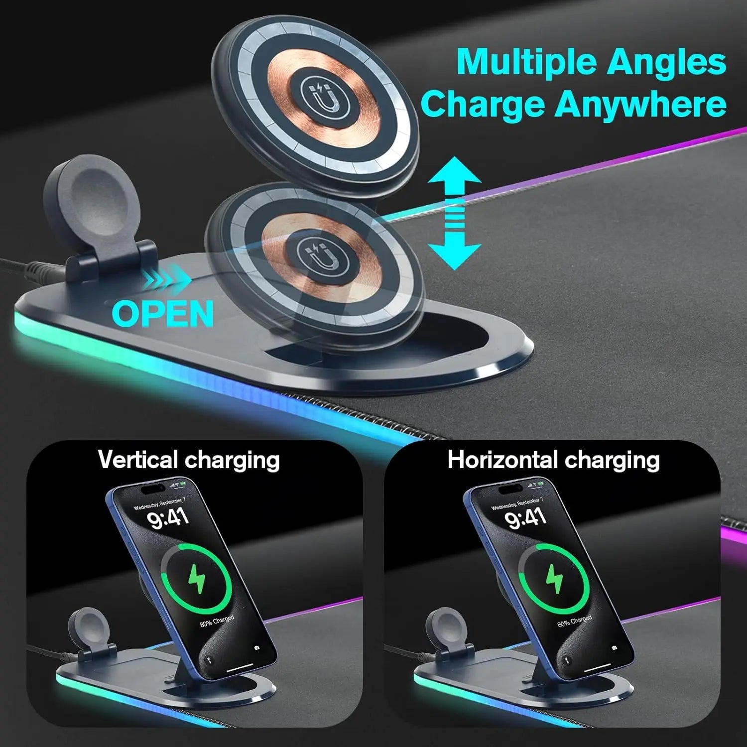 3-in-1 Wireless Charging Desk Mat RGB Gaming Mouse Pad Large Waterproof Ultra Smooth Desktop Pad with Phone Holder for Office