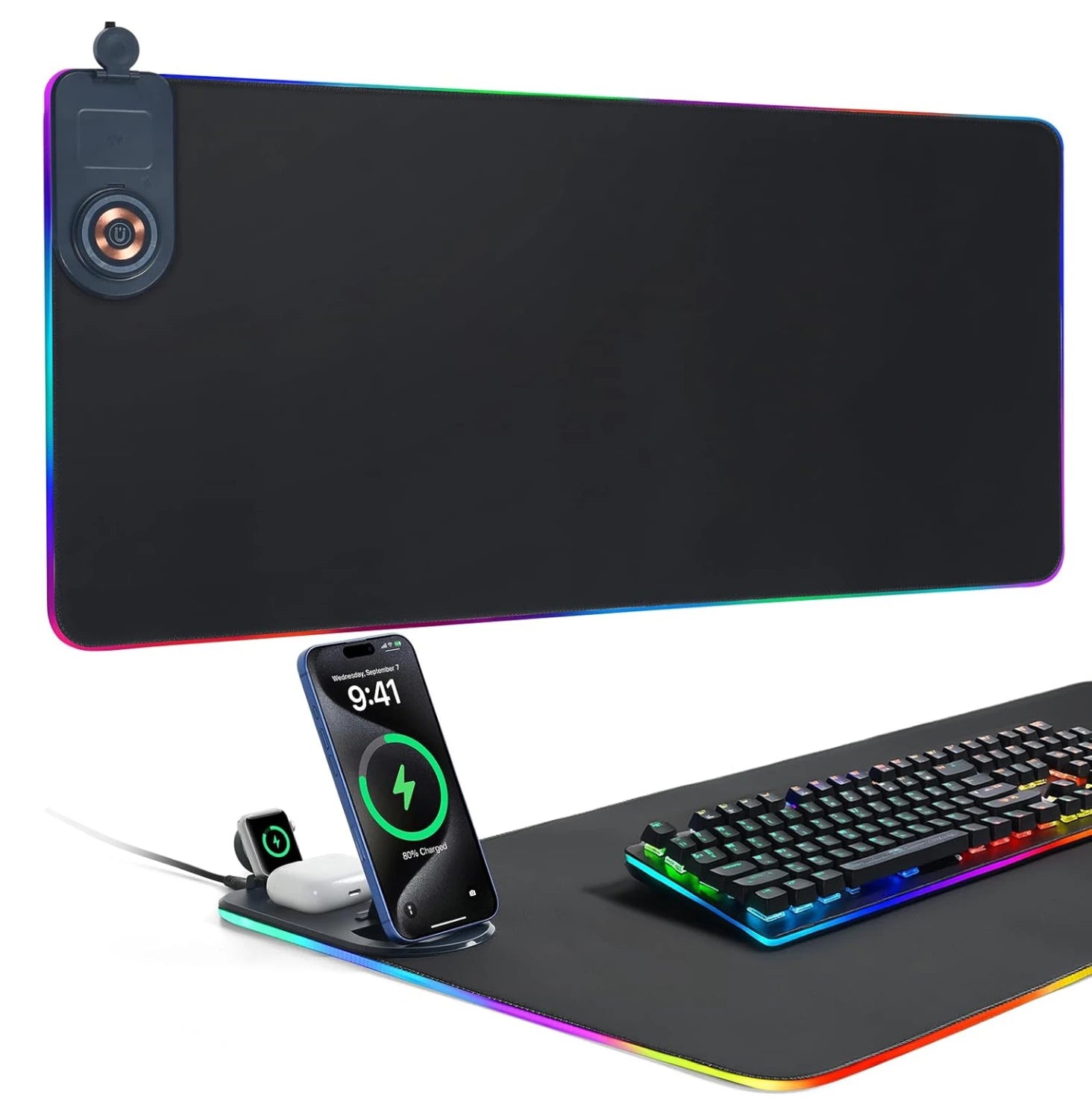 3-in-1 Wireless Charging Desk Mat RGB Gaming Mouse Pad Large Waterproof Ultra Smooth Desktop Pad with Phone Holder for Office