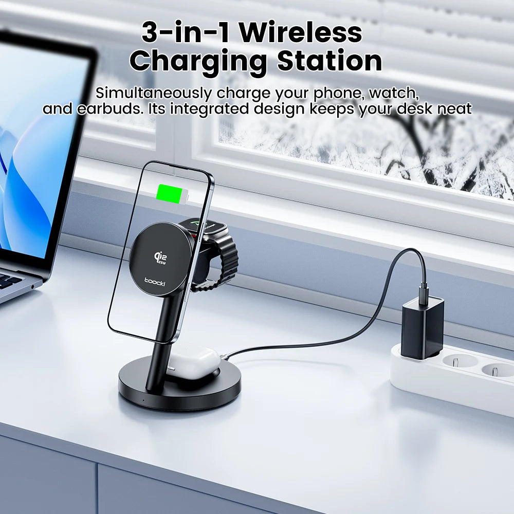 Toocki Qi2.2 Magnetic Wireless Charger 25W Fast Charging 3-in-1 Desktop Wireless Charger For iPhone 15 16 17 Apple Watch Earbuds