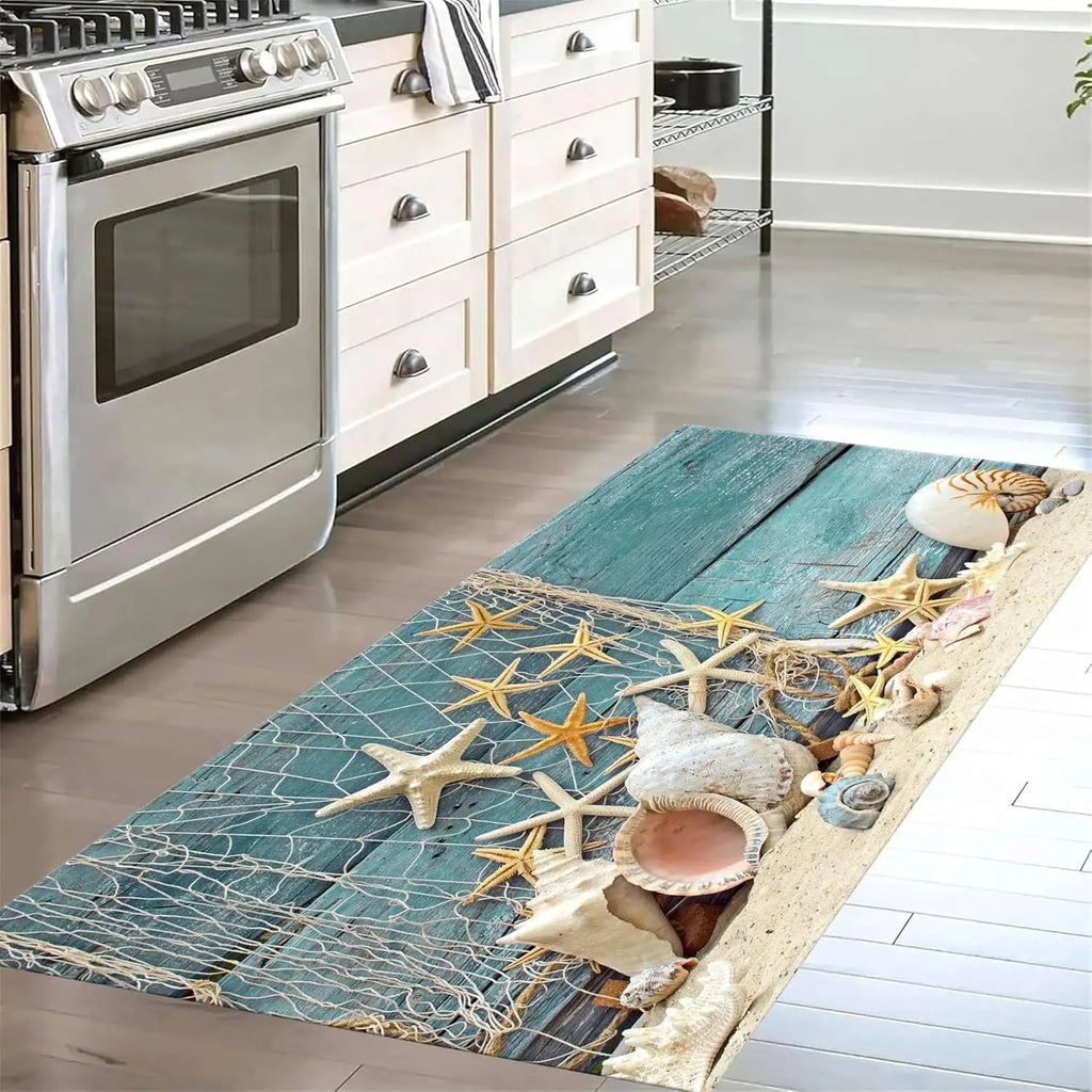 Summer Ocean Beach Themed Kitchen Mat Home Decor Sea Shell Sailboat Print Floor Mat Living Room Bath Entrance Non-slip Door Mat