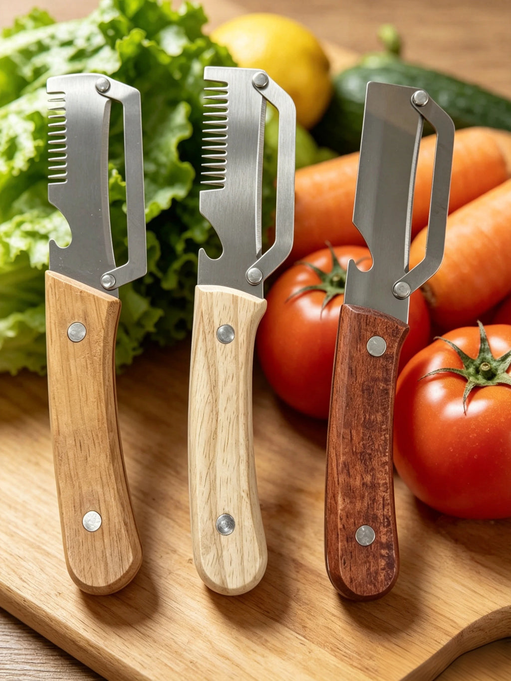 Wooden Handle Stainless Steel Peeler, Multi-Functional Kitchen Gadget for Fruits Vegetables Peeling Slicing, Durable & Smooth