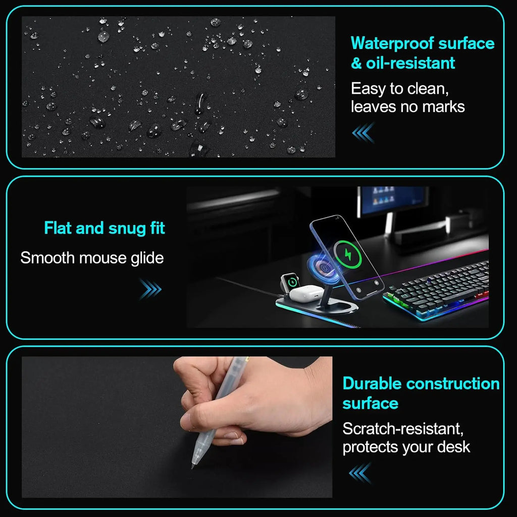 3-in-1 Wireless Charging Desk Mat RGB Gaming Mouse Pad Large Waterproof Ultra Smooth Desktop Pad with Phone Holder for Office