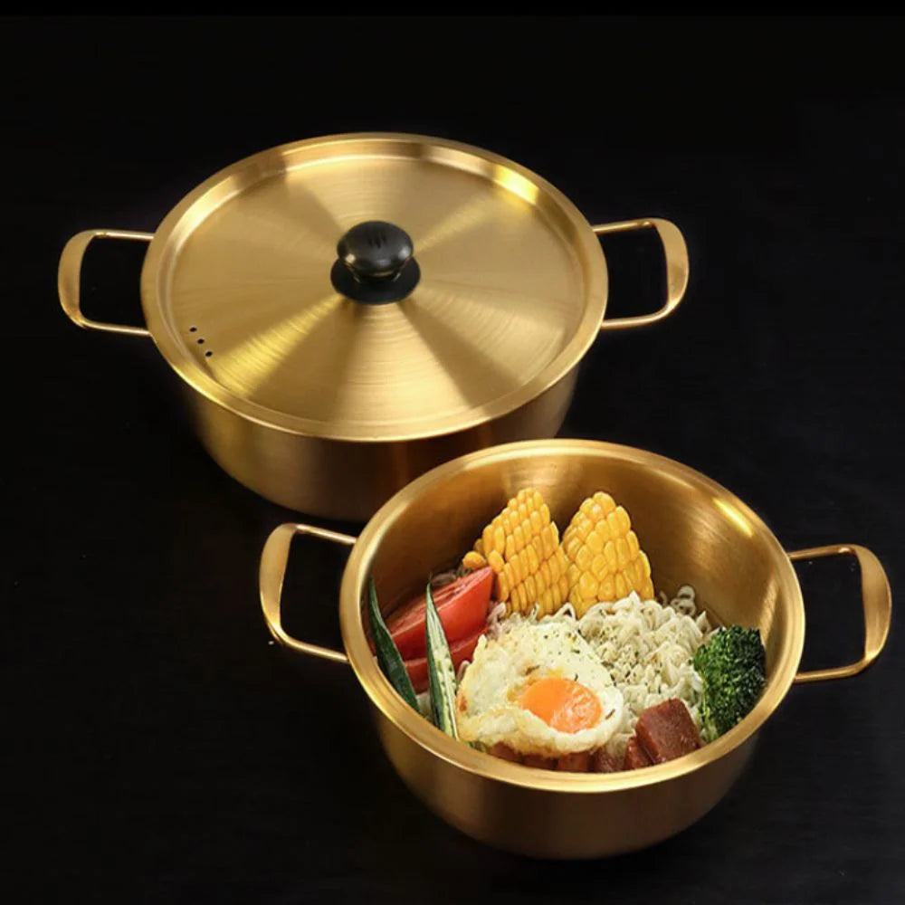 Multifunctional Korean Ramen Pot Double Handle Stainless Steel Noodle Cooker with Lid Unbreakable Soup Pot Camping