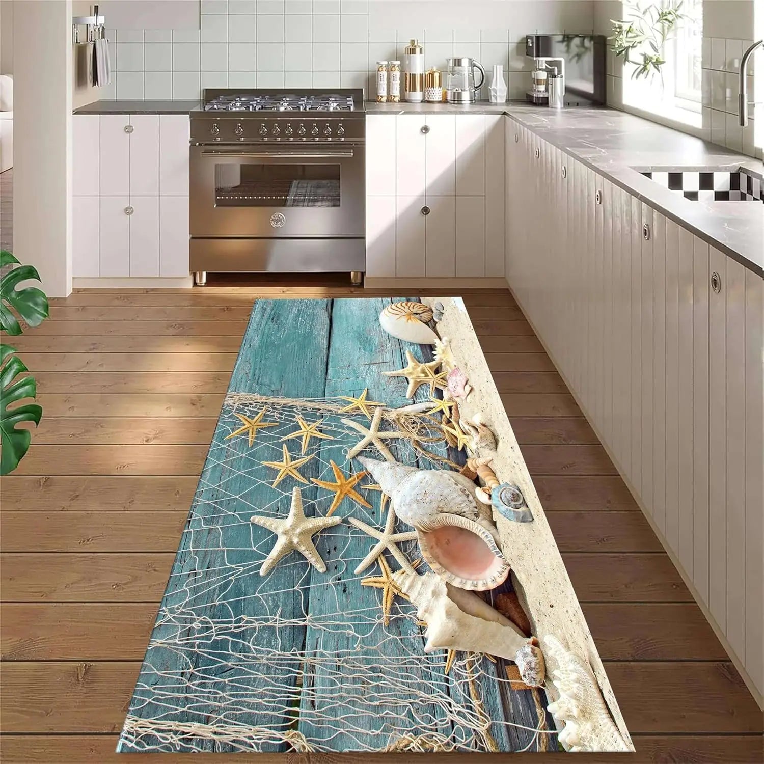 Summer Ocean Beach Themed Kitchen Mat Home Decor Sea Shell Sailboat Print Floor Mat Living Room Bath Entrance Non-slip Door Mat