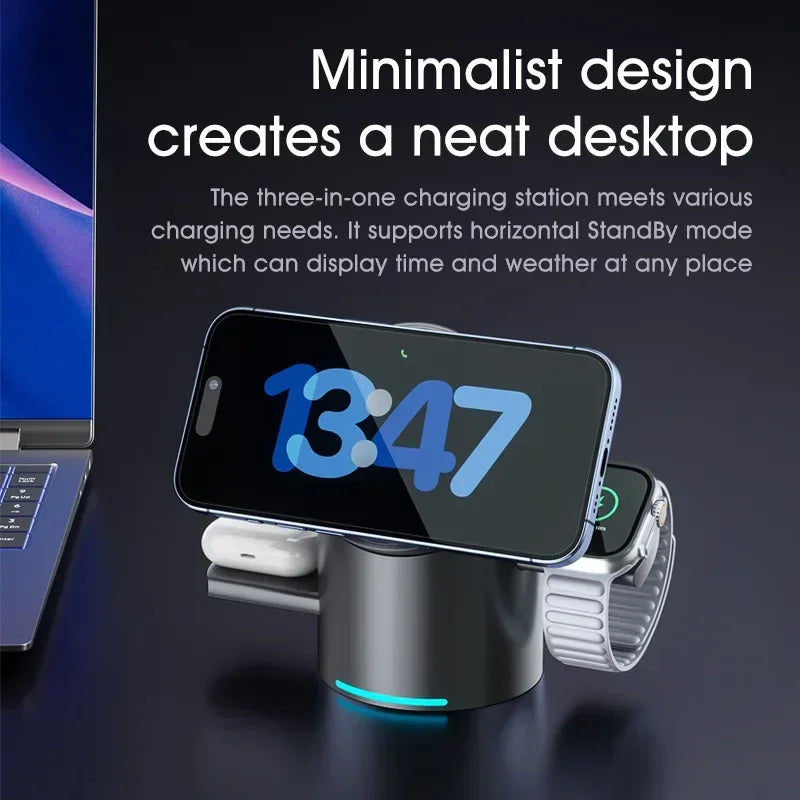 New Truly Qi2 3 In 1 Magnetic Touch Button Wireless Charger For Android iPhone iWatch Airpods Magsafe Fast Charging Dock Station