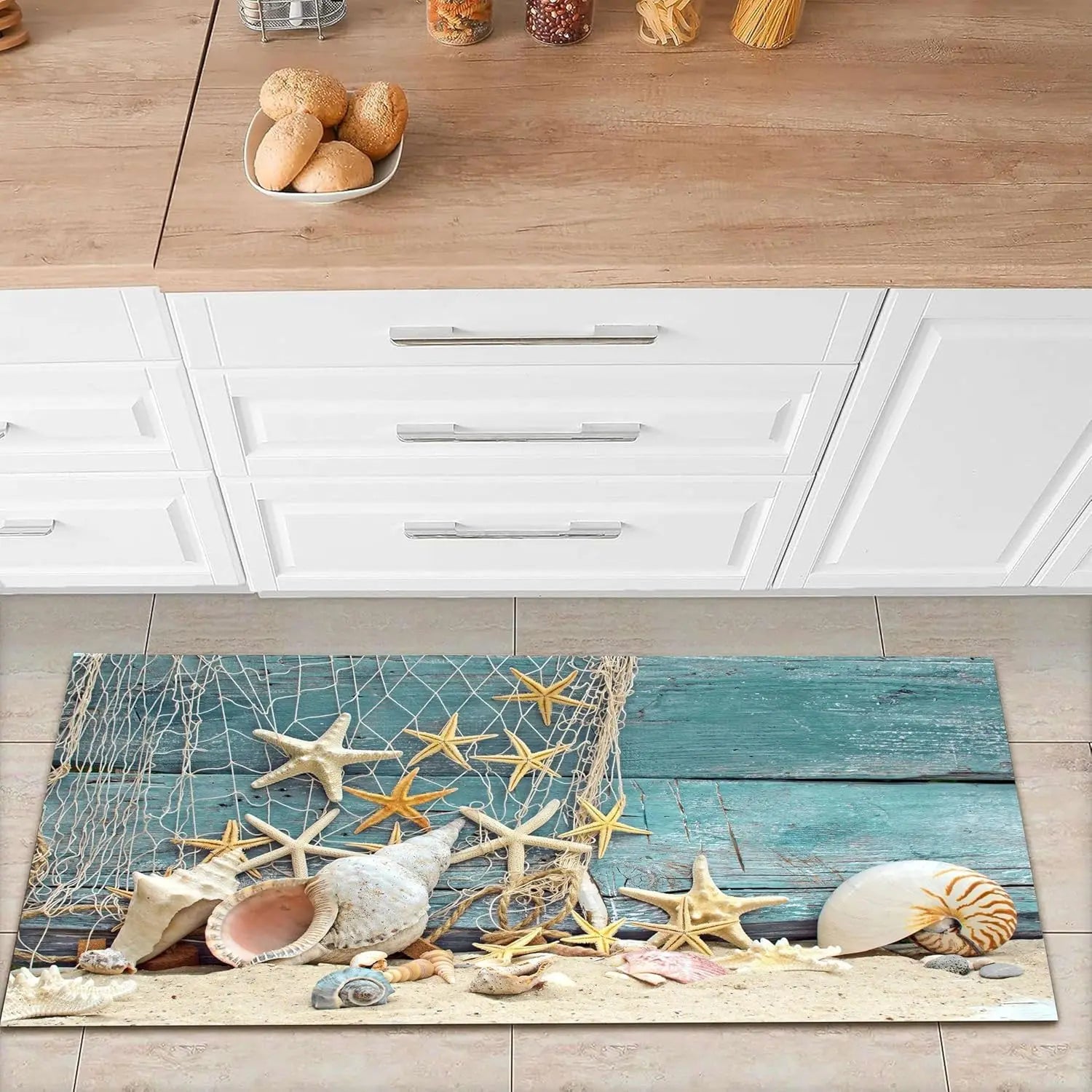 Summer Ocean Beach Themed Kitchen Mat Home Decor Sea Shell Sailboat Print Floor Mat Living Room Bath Entrance Non-slip Door Mat