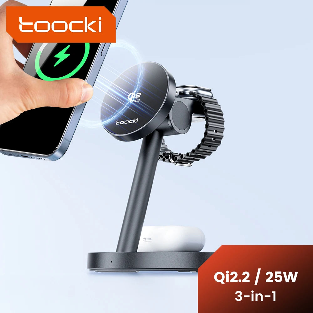 Toocki Qi2.2 Magnetic Wireless Charger 25W Fast Charging 3-in-1 Desktop Wireless Charger For iPhone 15 16 17 Apple Watch Earbuds