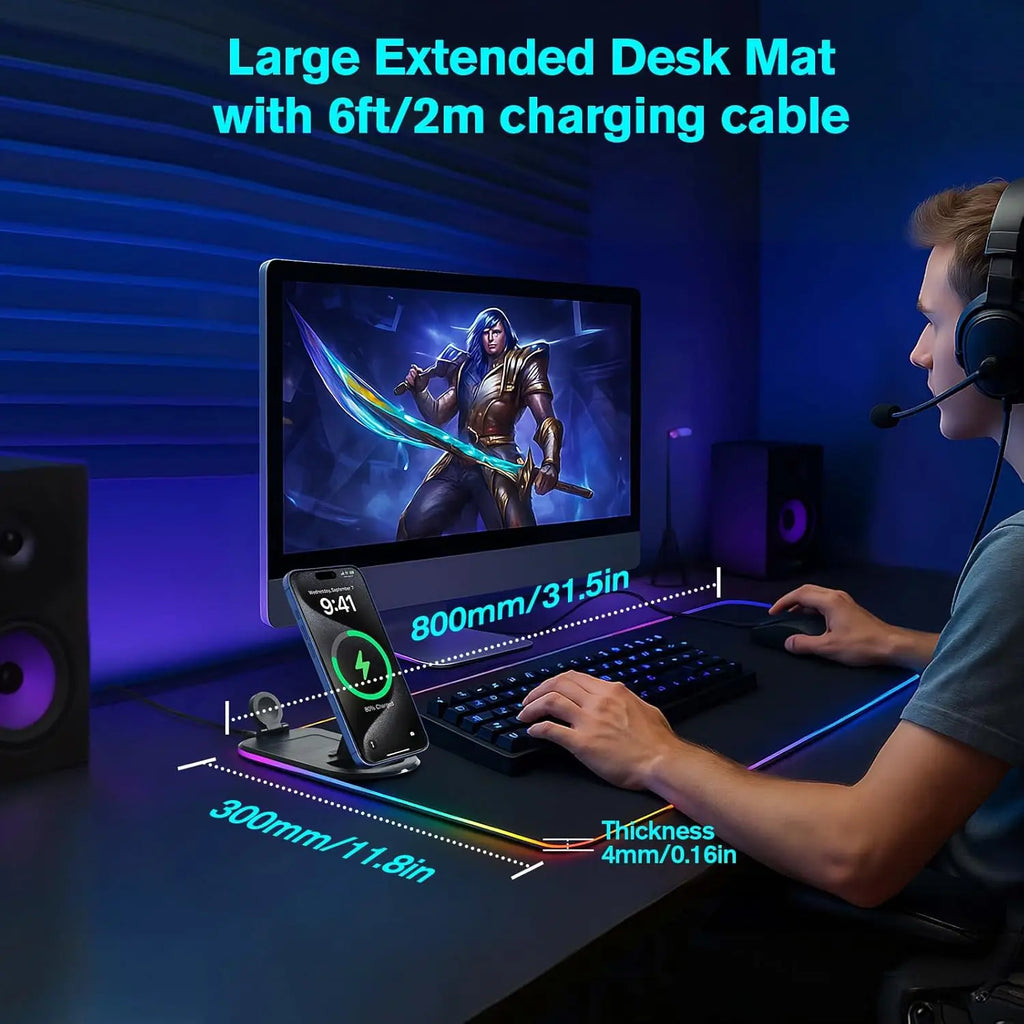 3-in-1 Wireless Charging Desk Mat RGB Gaming Mouse Pad Large Waterproof Ultra Smooth Desktop Pad with Phone Holder for Office