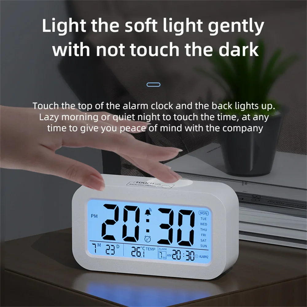 Battery Powered LCD Alarm Clock TEMP Date Week 3 Alarms Backlight Snooze Table  Clock Night Vision Function12/24H Digital Clock