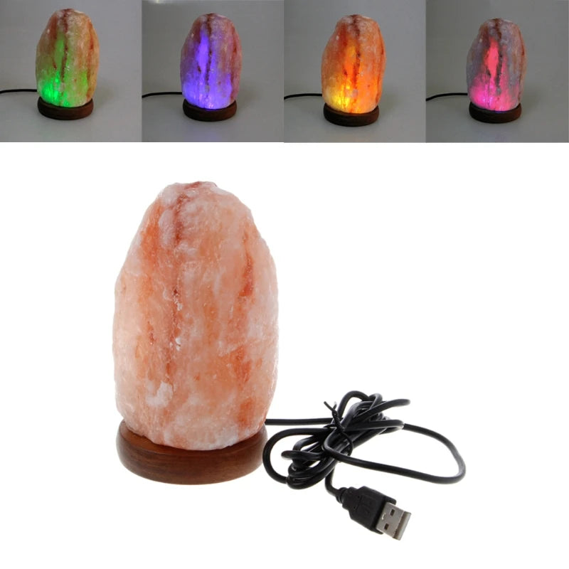 High Efficiency Hand Carved USB Wooden Base Himalayan Rock Salt Lamp Air Purifier Night Light New