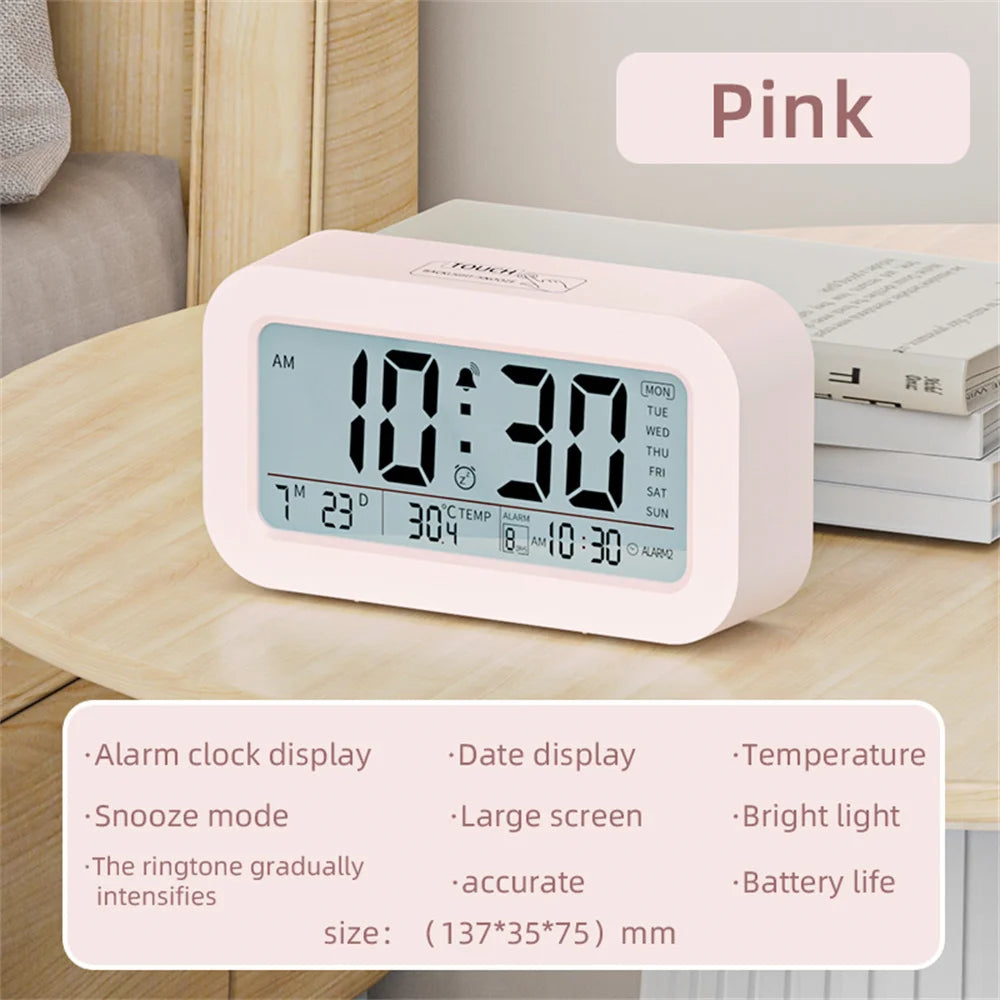 Battery Powered LCD Alarm Clock TEMP Date Week 3 Alarms Backlight Snooze Table  Clock Night Vision Function12/24H Digital Clock