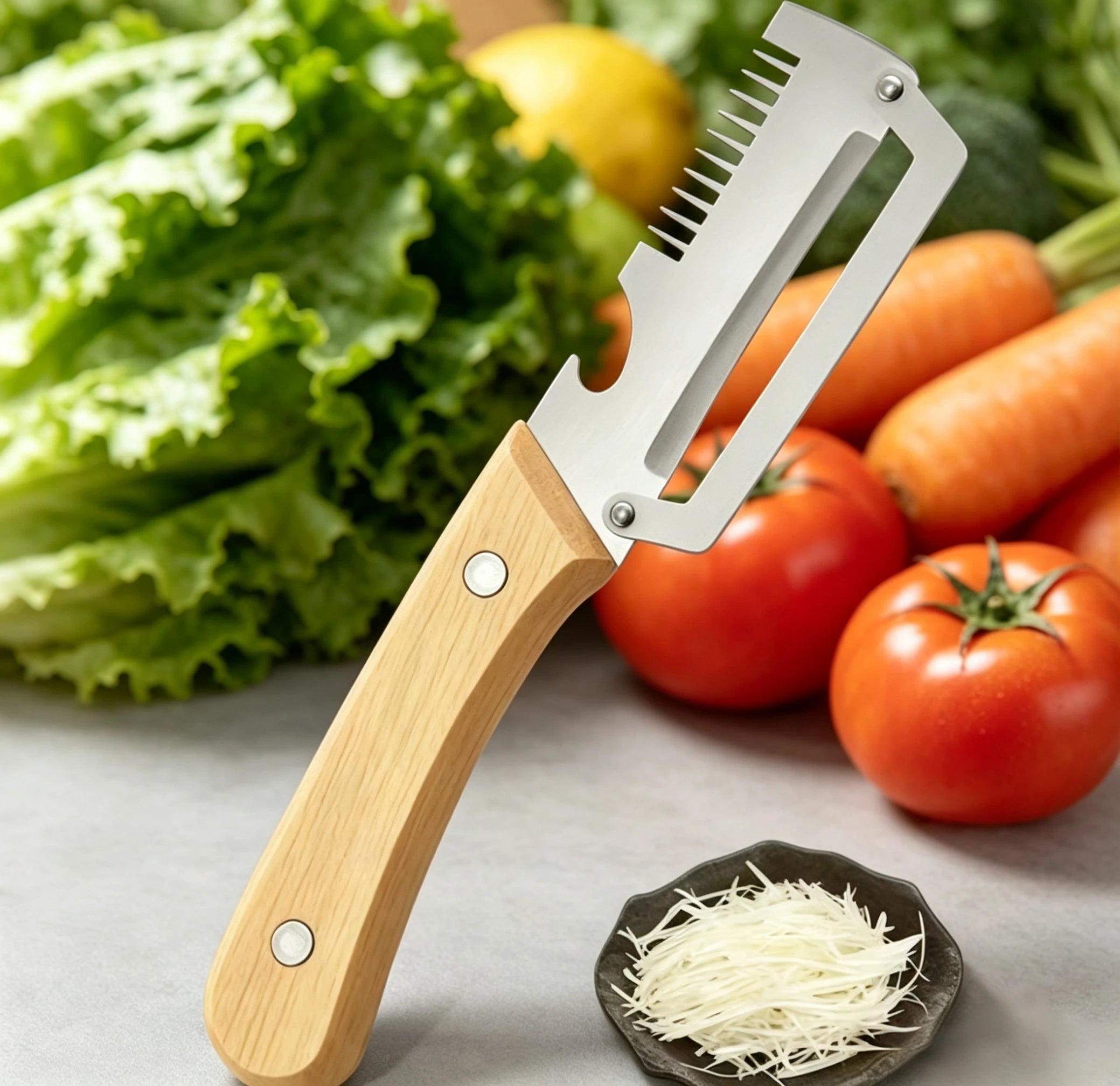Wooden Handle Stainless Steel Peeler, Multi-Functional Kitchen Gadget for Fruits Vegetables Peeling Slicing, Durable & Smooth