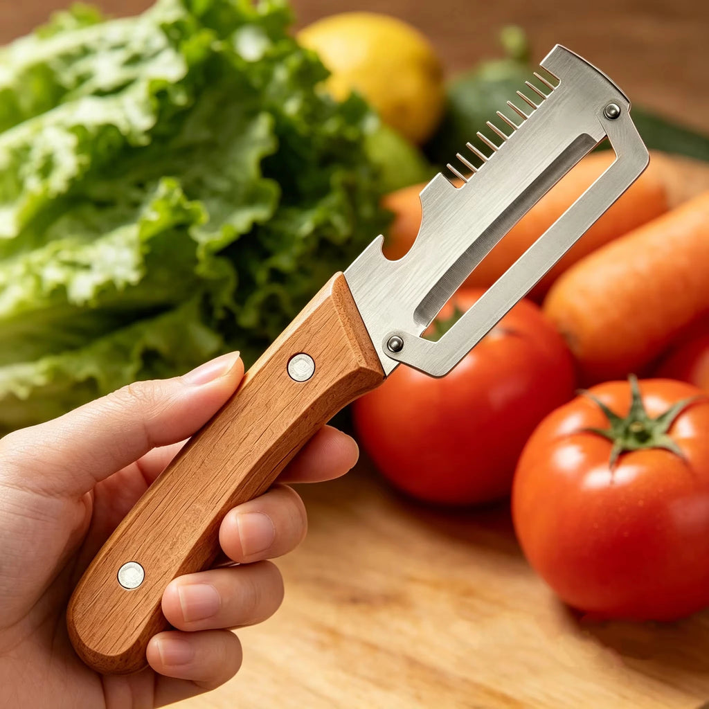 Wooden Handle Stainless Steel Peeler, Multi-Functional Kitchen Gadget for Fruits Vegetables Peeling Slicing, Durable & Smooth