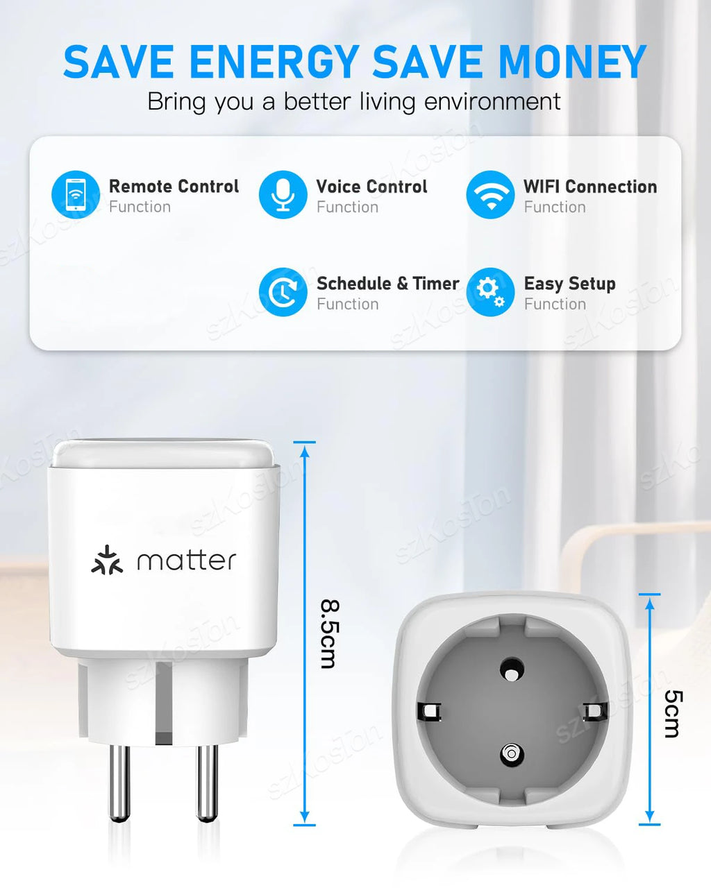 16A Matter EU WiFi Smart Socket Home Appliance Mini Smart Plug Adapter APP Control Timer Works with HomeKit Siri Alexa Google