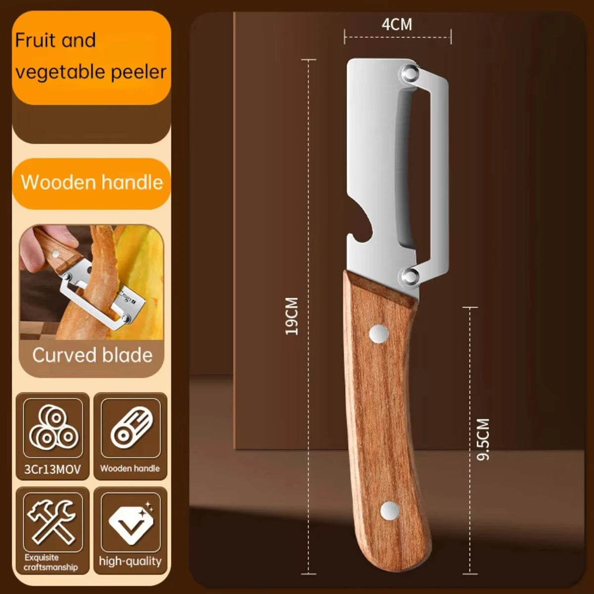 Wooden Handle Stainless Steel Peeler, Multi-Functional Kitchen Gadget for Fruits Vegetables Peeling Slicing, Durable & Smooth
