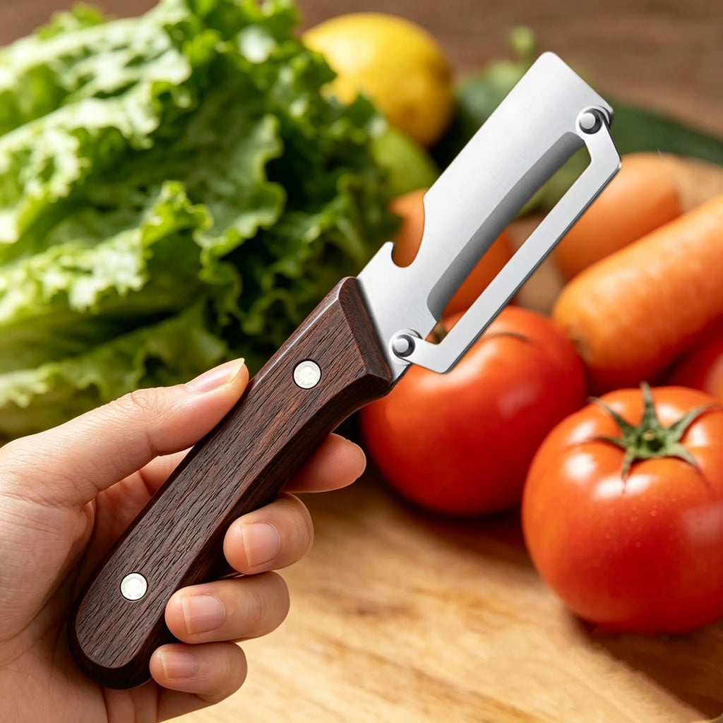 Wooden Handle Stainless Steel Peeler, Multi-Functional Kitchen Gadget for Fruits Vegetables Peeling Slicing, Durable & Smooth
