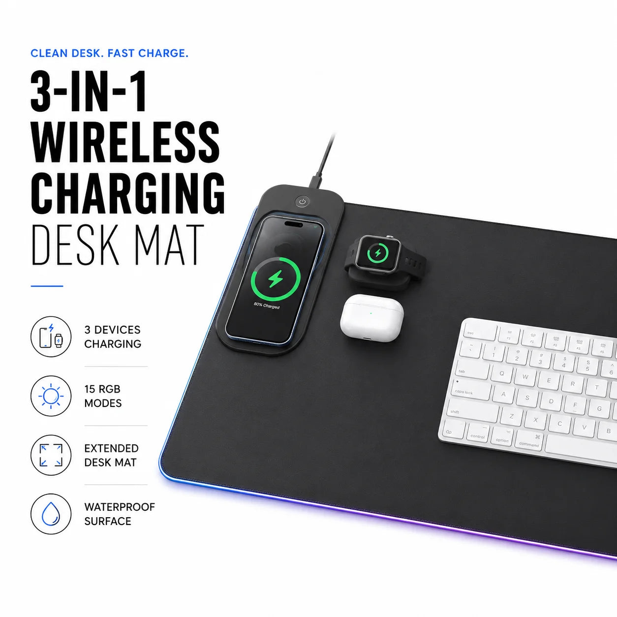 3-in-1 Wireless Charging Desk Mat RGB Gaming Mouse Pad Large Waterproof Ultra Smooth Desktop Pad with Phone Holder for Office
